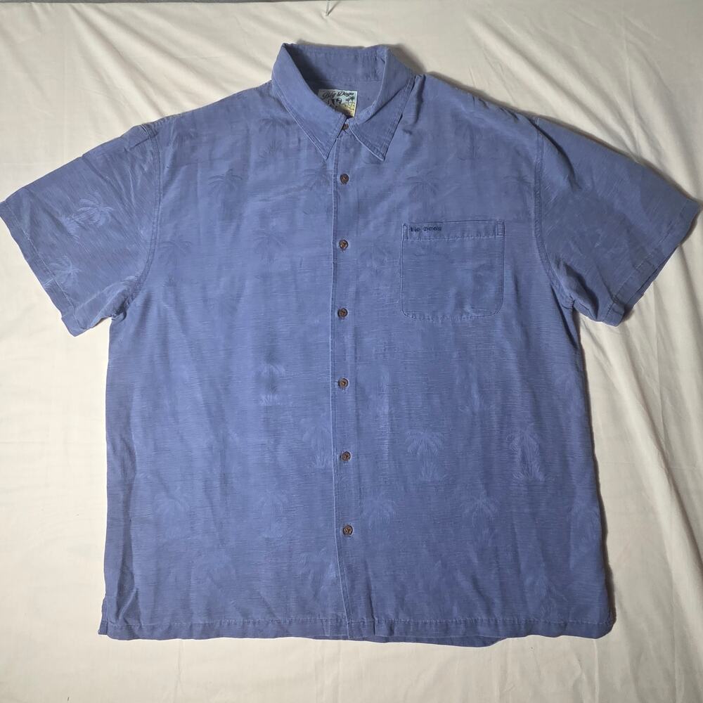 Vintage Authentic Big Dogs 100% Silk Palm Tree Hawaiian Camp Shirt Blue Mens XL